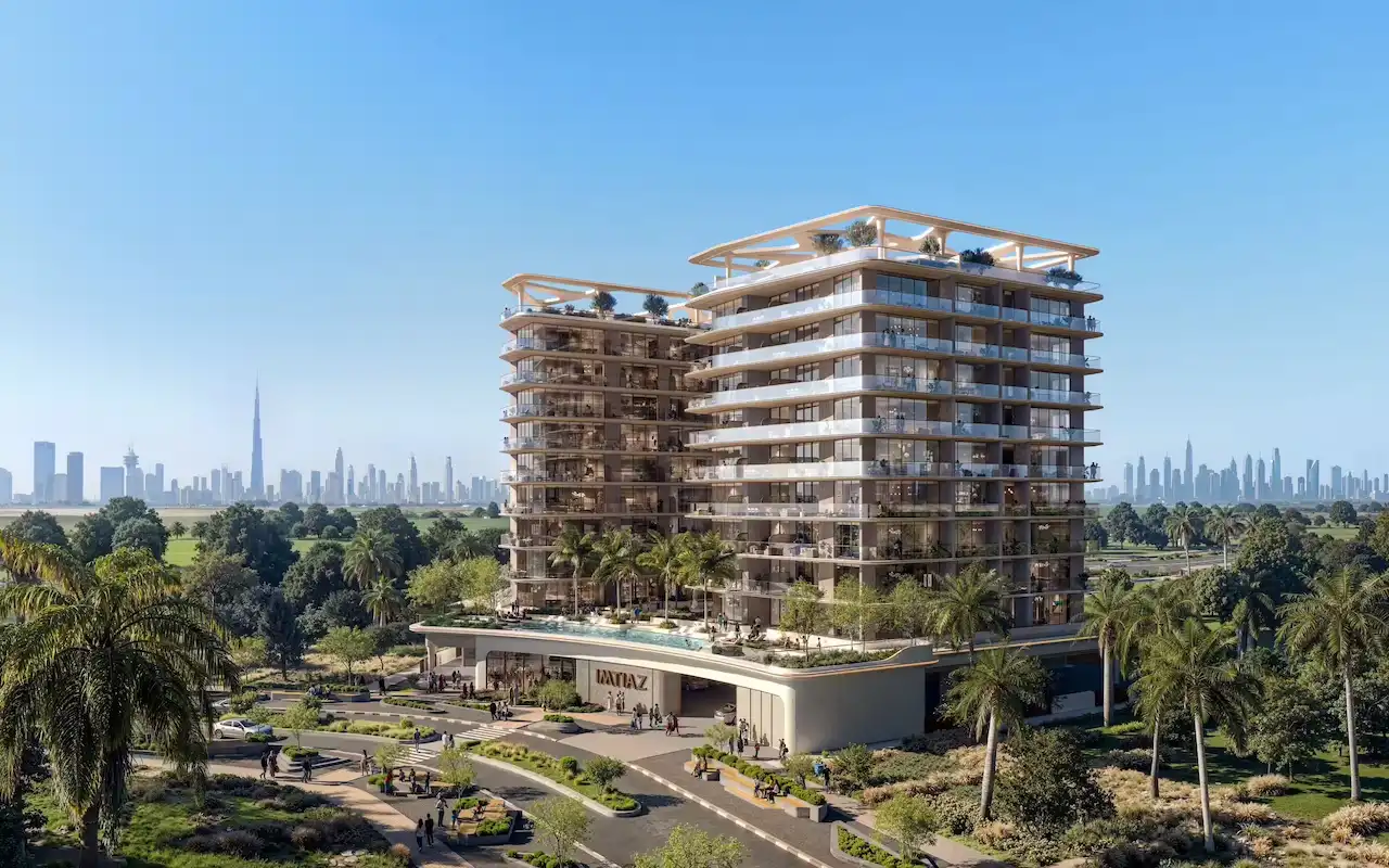 Exterior urban view of Inara Residence in Dubai, featuring contemporary residential architecture with clean lines, elegant façade detailing, and integration within a modern cityscape, presented by Tohid Fetrat