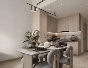 Modern apartment interior at Inara Residence in Dubai featuring an elegant living space, refined materials, contemporary furnishings, and natural light, presented by Tohid Fetrat