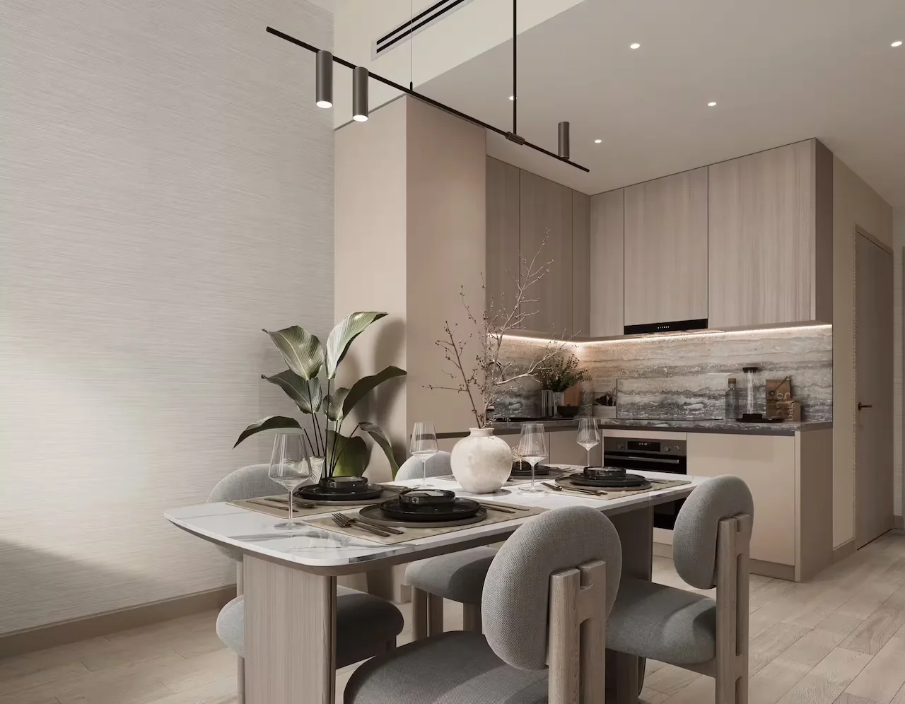 Modern apartment interior at Inara Residence in Dubai featuring an elegant living space, refined materials, contemporary furnishings, and natural light, presented by Tohid Fetrat