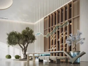 Luxury interior lobby at Inara Residence in Dubai featuring elegant architecture, premium materials, warm lighting, and a refined welcoming atmosphere, presented by Tohid Fetrat