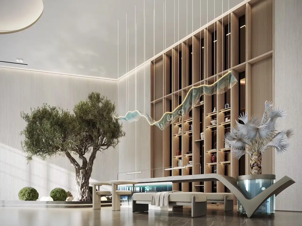 Luxury interior lobby at Inara Residence in Dubai featuring elegant architecture, premium materials, warm lighting, and a refined welcoming atmosphere, presented by Tohid Fetrat