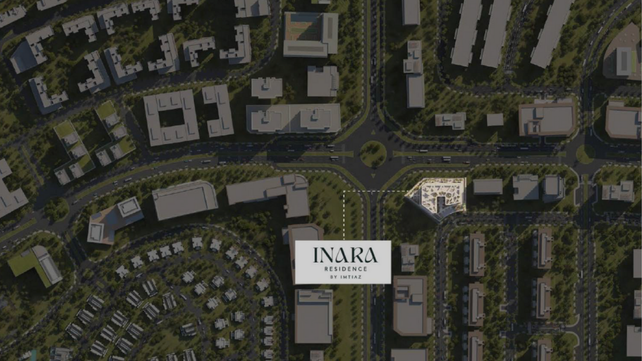 Aerial master plan view showing the precise location of Inara Residence by Imtiaz within its surrounding Dubai community, highlighting road connectivity, nearby buildings, and urban layout, presented by Tohid Fetrat