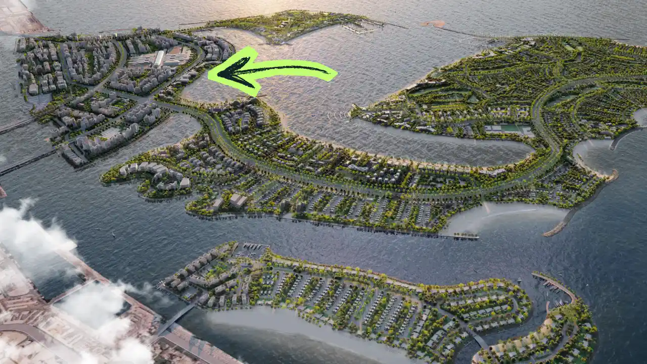 Aerial masterplan view of Island A at Dubai Islands showing waterfront districts and coastal residential layout Presented by Tohid Fetrat