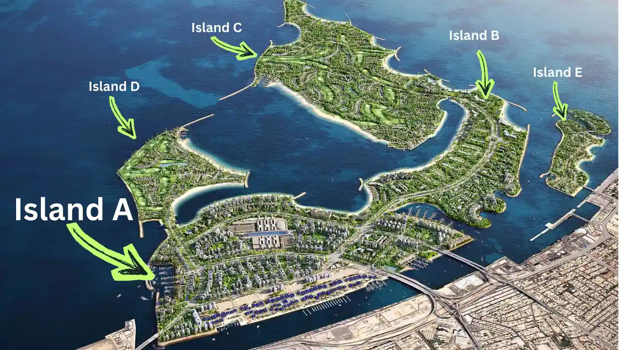 Island A location within Dubai Islands masterplan showing surrounding islands and waterfront connectivity Presented by Tohid Fetrat