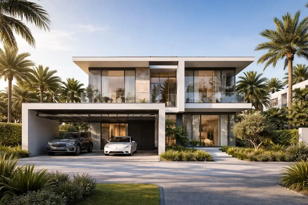 Bay Estate villas waterfront exterior at Island E by Nakheel with private pool and landscaped garden Presented by Tohid Fetrat AI generated concept