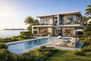 Bay Estate villas waterfront exterior at Island E by Nakheel with private pool and landscaped garden Presented by Tohid Fetrat AI generated concept