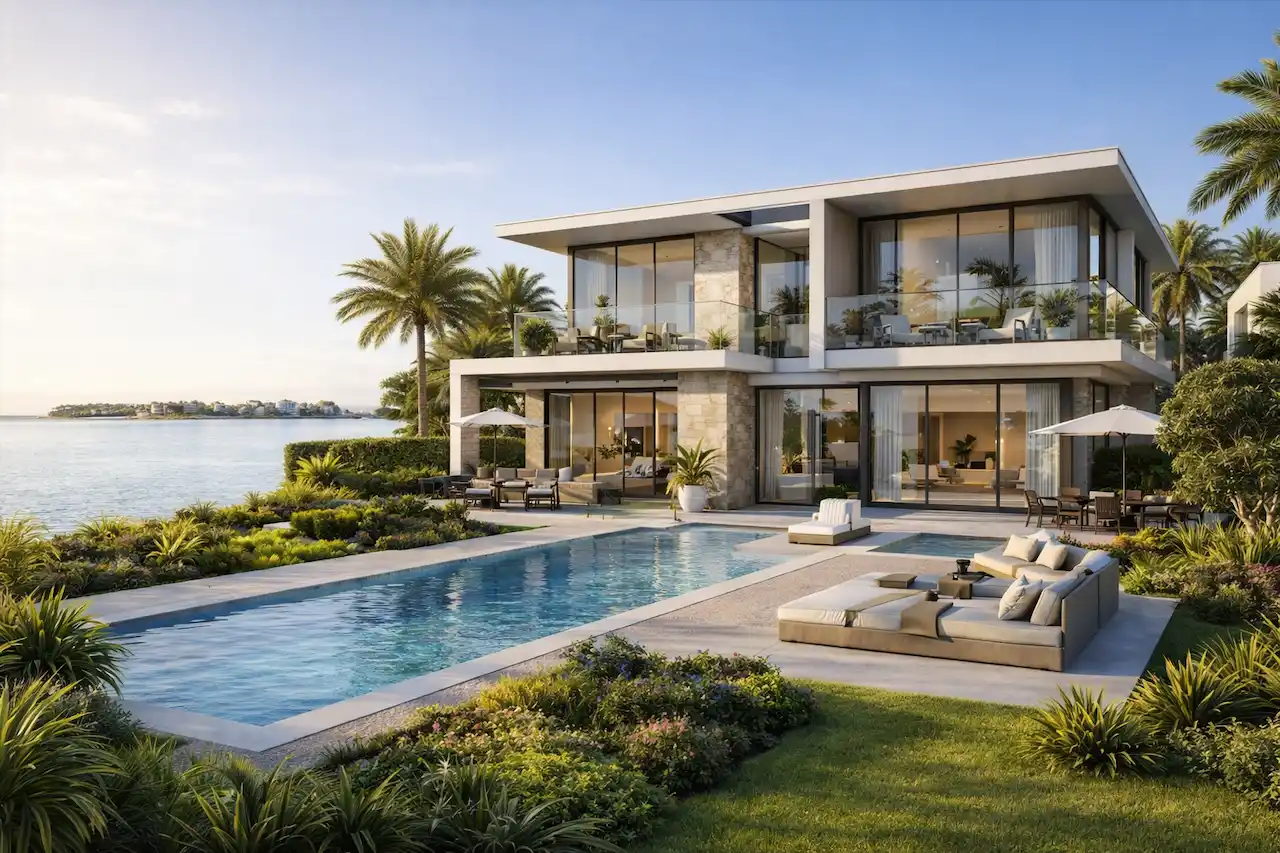 Bay Estate villas waterfront exterior at Island E by Nakheel with private pool and landscaped garden Presented by Tohid Fetrat AI generated concept