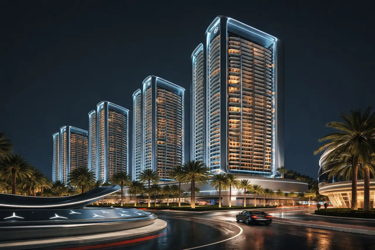 Maybach Ultimate Luxury Residences branded towers exterior night view with illuminated architecture and luxury boulevard Dubai Presented by Tohid Fetrat