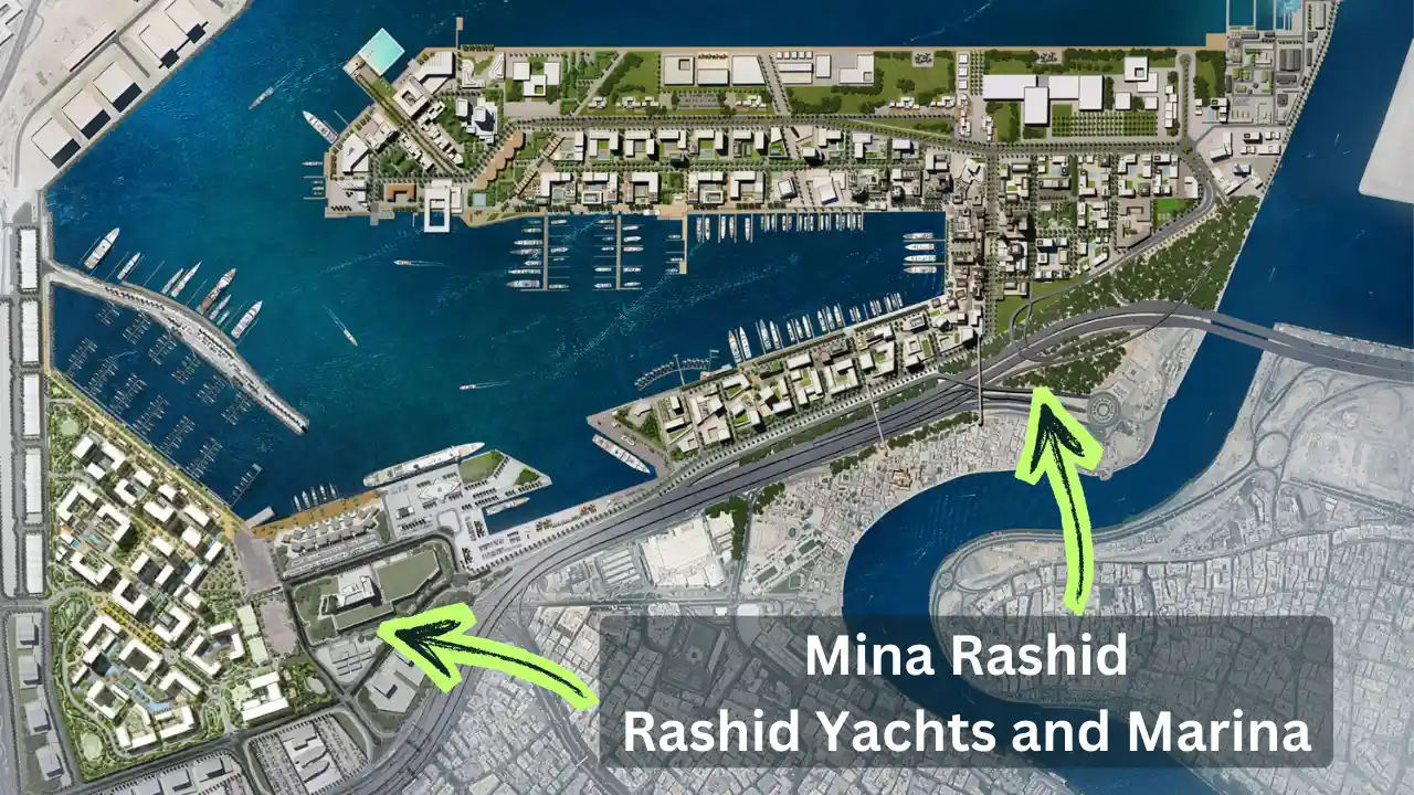 Mina Rashid location highlighted on master plan map showing Rashid Yachts and Marina waterfront connectivity in Dubai Presented by Tohid Fetrat