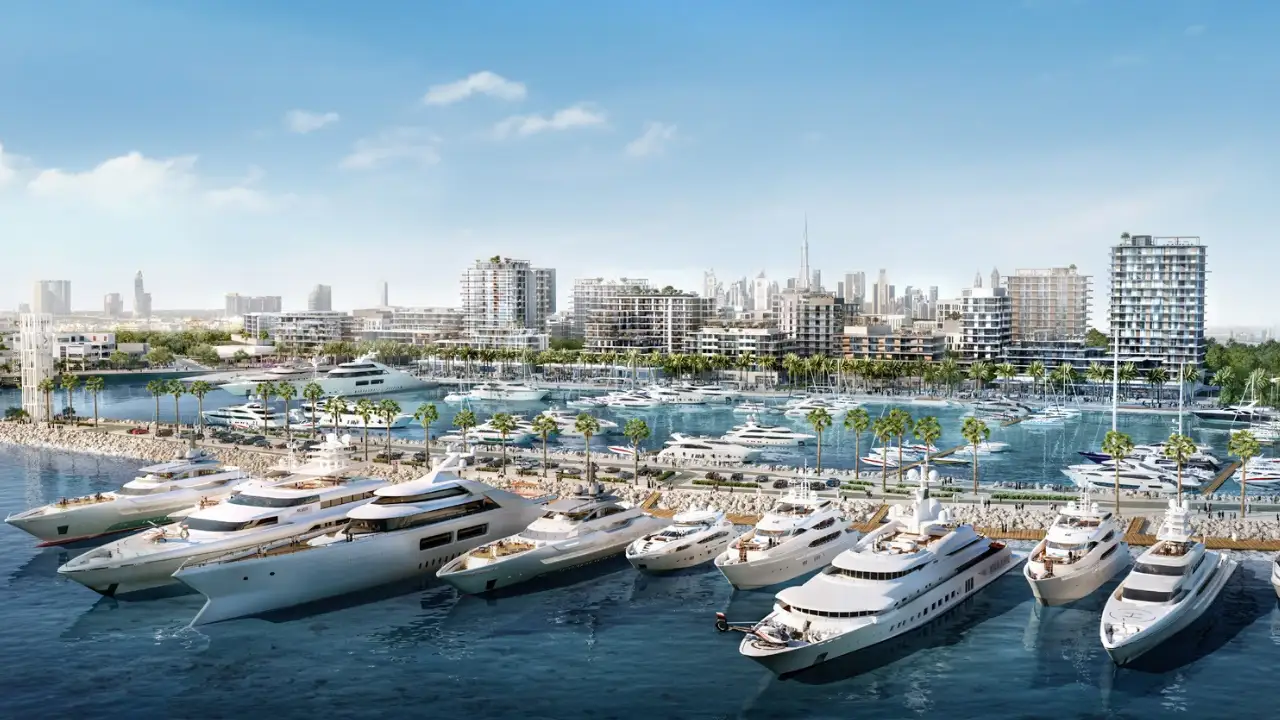 Luxury yachts at Rashid Yachts and Marina waterfront community with modern residences and marina promenade in Mina Rashid Dubai Presented by Tohid Fetrat