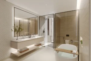 Interior living area of a three bedroom townhouse at Nad Al Sheba Gardens Phase 11 with modern open layout, elegant finishes and natural daylight Presented by Tohid Fetrat