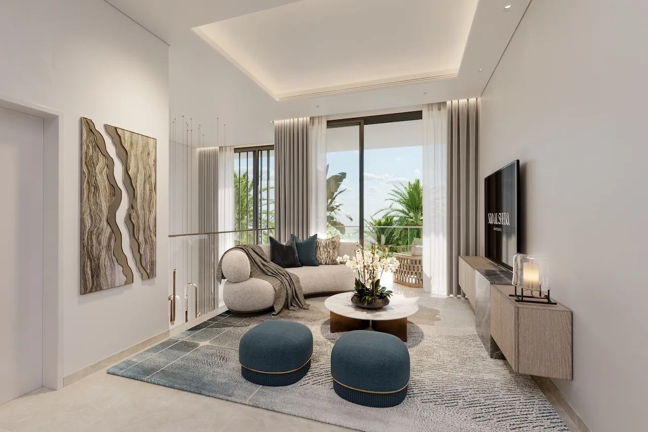 Living room interior of a three bedroom townhouse at Nad Al Sheba Gardens Phase 11 with contemporary furniture and large glass windows Presented by Tohid Fetrat