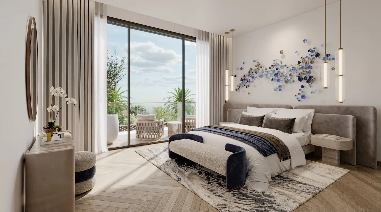 Master bedroom interior of a four bedroom villa at Nad Al Sheba Gardens Phase 11 with contemporary design, soft neutral tones and large windows Presented by Tohid Fetrat