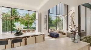 Living room interior of a four bedroom villa at Nad Al Sheba Gardens Phase 11 with open layout, modern furniture and garden view Presented by Tohid Fetrat