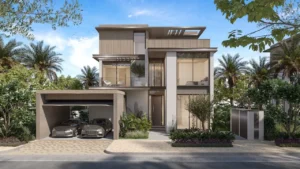Four bedroom villa street facade at Nad Al Sheba Gardens Phase 11 with private double parking, landscaped entrance and modern architectural design Presented by Tohid Fetrat