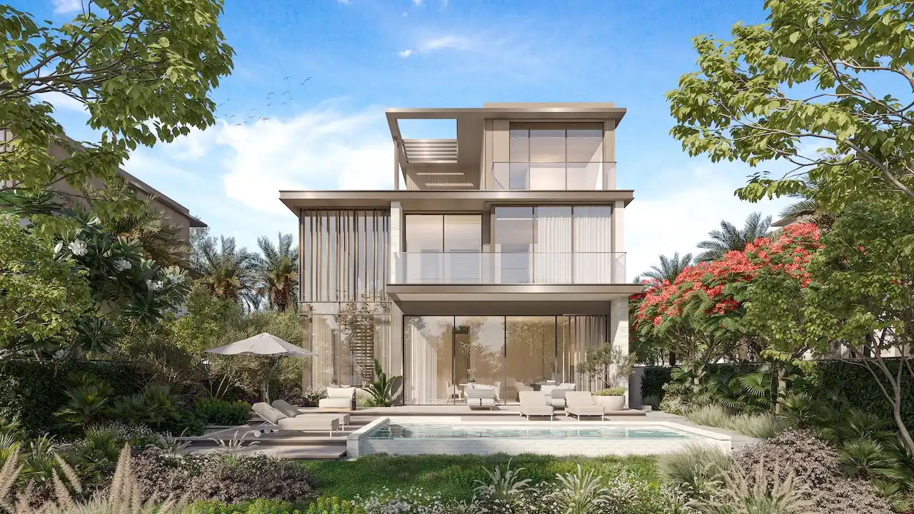 Five bedroom villa at Nad Al Sheba Gardens Phase 11 with private pool, garden lounge and contemporary exterior architecture Presented by Tohid Fetrat