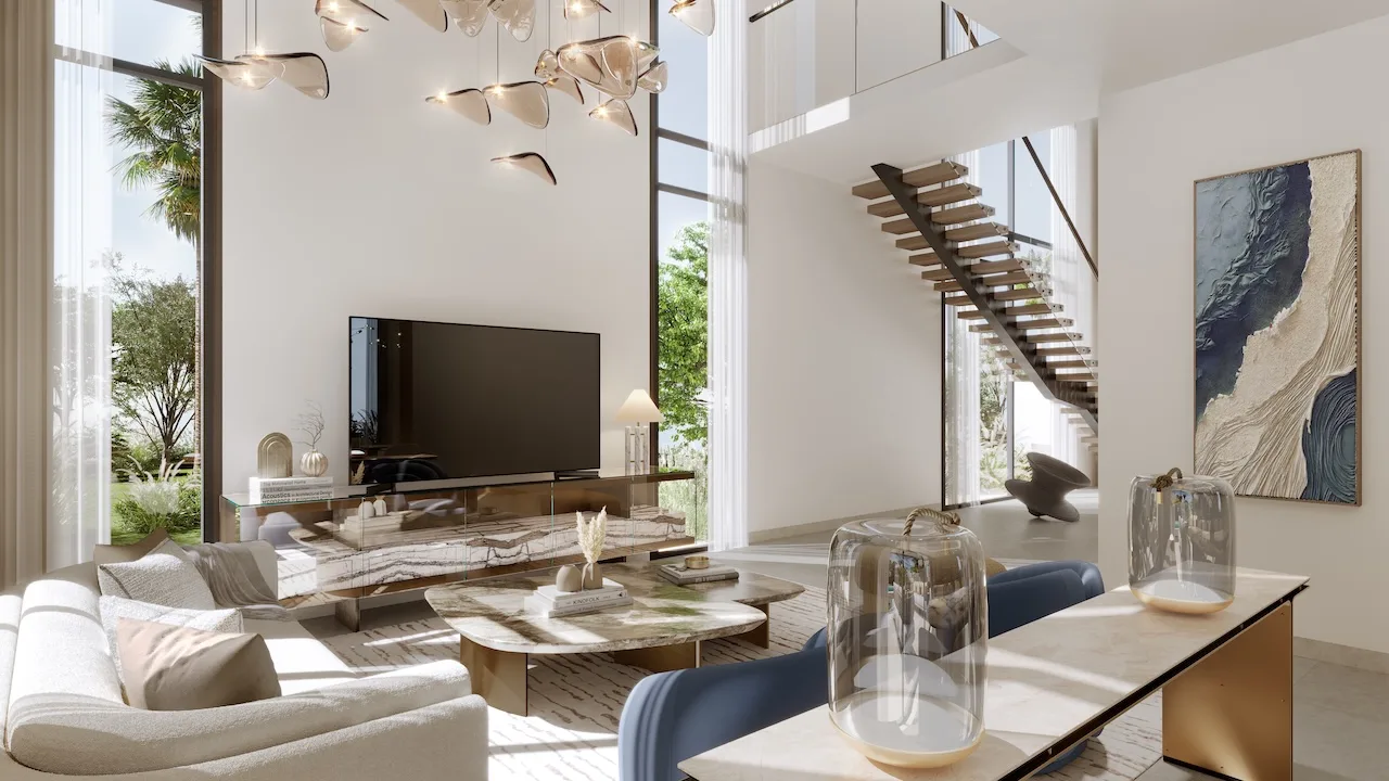 Contemporary living interior of a five bedroom villa at Nad Al Sheba Gardens Phase 11 with double height ceiling, designer chandelier and modern furniture Presented by Tohid Fetrat