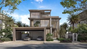 Five bedroom villa street facade at Nad Al Sheba Gardens Phase 11 with private double carport and modern architectural detailing Presented by Tohid Fetrat