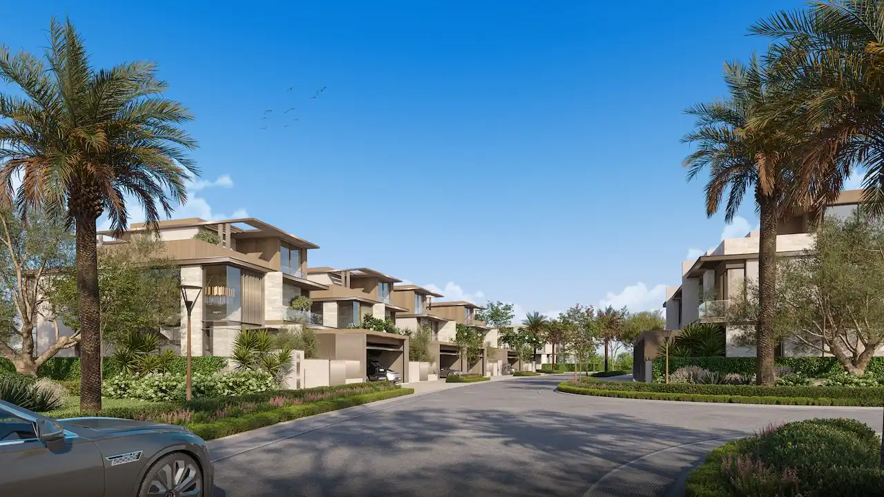 Modern villa streetscape at Nad Al Sheba Gardens Phase 11 with palm trees, landscaped sidewalks and private residences under clear Dubai sky Presented by Tohid Fetrat