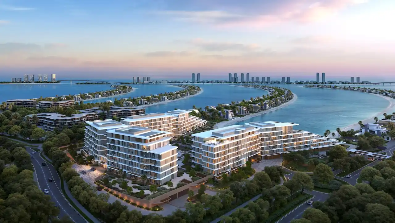 Palm Central Frond M Residences at Palm Jebel Ali aerial view of waterfront residences and lagoon curves Dubai - Presented by Tohid Fetrat