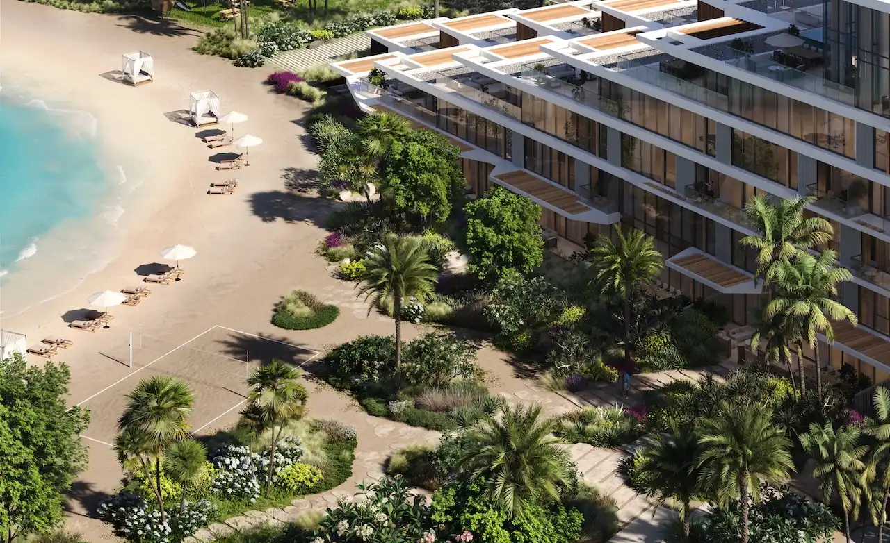 Palm Central Frond M Residences at Palm Jebel Ali beachfront residences aerial view with landscaped shoreline Dubai - Presented by Tohid Fetrat