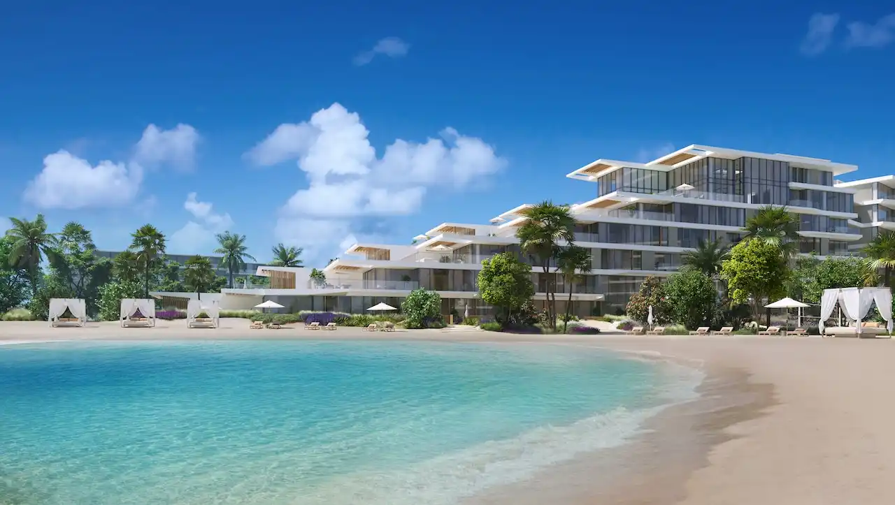 Palm Central Frond M Residences at Palm Jebel Ali beachfront residences exterior view with sandy shoreline Dubai - Presented by Tohid Fetrat