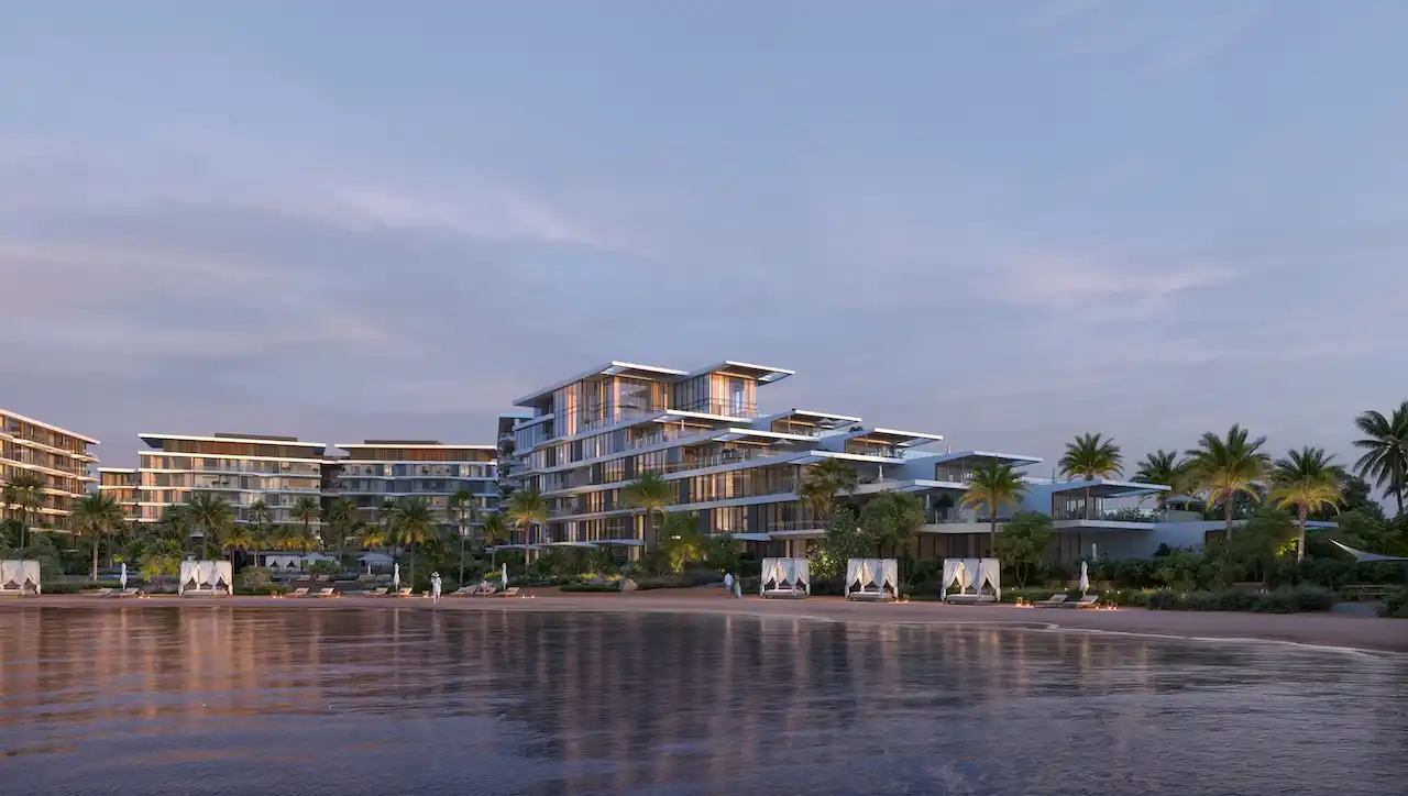 Palm Central Frond M Residences at Palm Jebel Ali beachfront residences at sunset with waterfront reflections Dubai - Presented by Tohid Fetrat