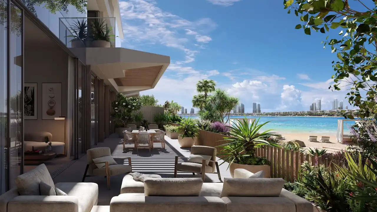 Palm Central Frond M Residences at Palm Jebel Ali beachfront terrace outdoor living area with sea view Dubai - Presented by Tohid Fetrat