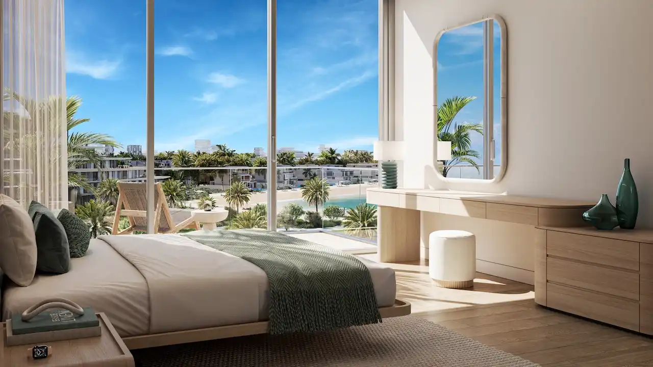 Palm Central Frond M Residences at Palm Jebel Ali bedroom with balcony view overlooking waterfront Dubai - Presented by Tohid Fetrat