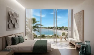 Palm Central Frond M Residences at Palm Jebel Ali bedroom with panoramic waterfront view Dubai - Presented by Tohid Fetrat