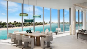Palm Central Frond M Residences at Palm Jebel Ali dining area with panoramic waterfront view Dubai - Presented by Tohid Fetrat