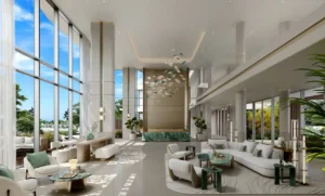 Palm Central Frond M Residences at Palm Jebel Ali grand lobby lounge with double height ceiling and luxury seating Dubai - Presented by Tohid Fetrat