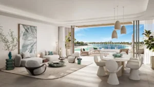 Palm Central Frond M Residences at Palm Jebel Ali living room with open dining area and lagoon view Dubai - Presented by Tohid Fetrat