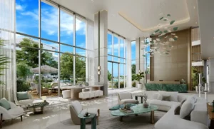 Palm Central Frond M Residences at Palm Jebel Ali luxury lobby interior with double height glass facade Dubai - Presented by Tohid Fetrat