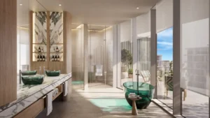 Palm Central Frond M Residences luxury bathroom interior with freestanding bathtub and waterfront view at Palm Jebel Ali Dubai - Presented by Tohid Fetrat