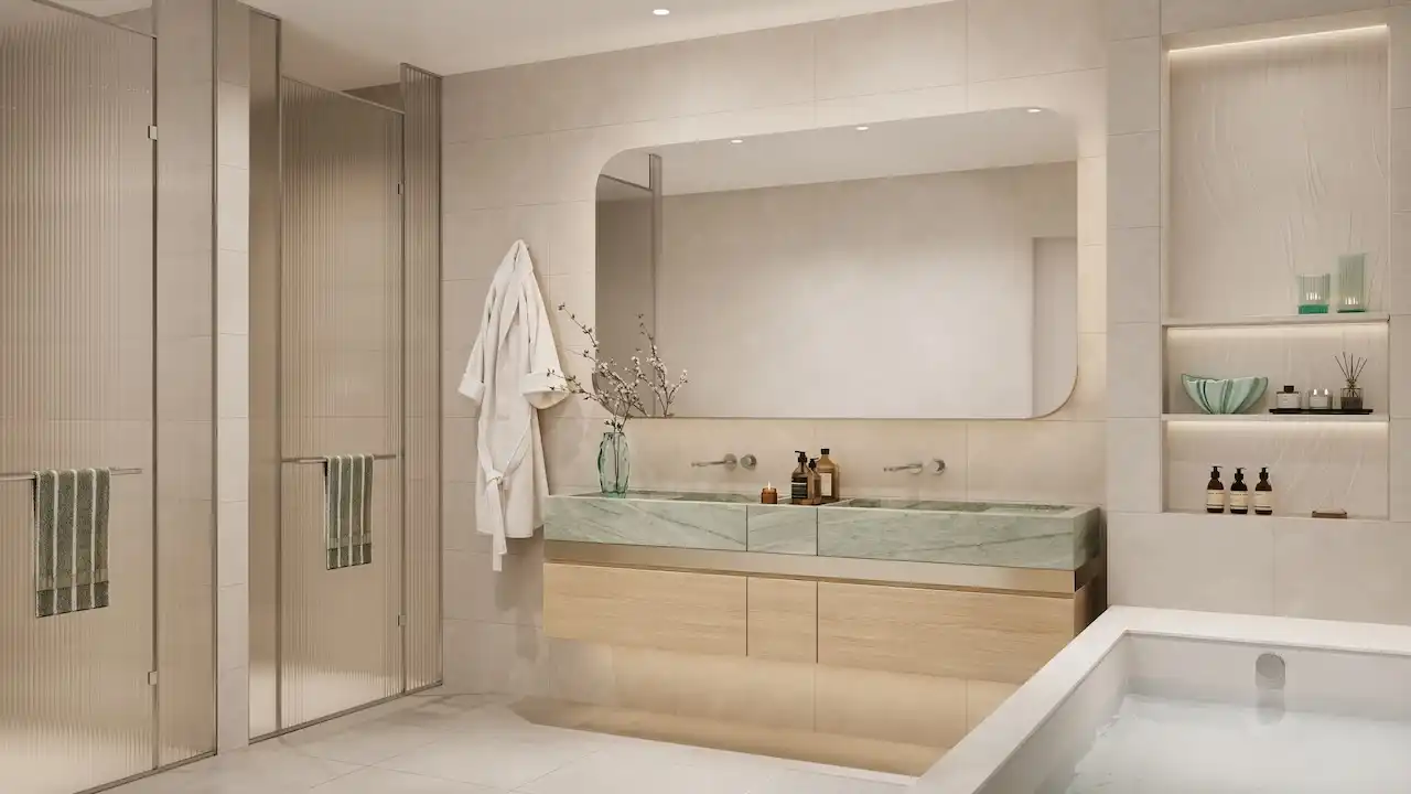 Palm Central Frond M Residences at Palm Jebel Ali luxury bathroom with marble vanity and modern design Dubai - Presented by Tohid Fetrat