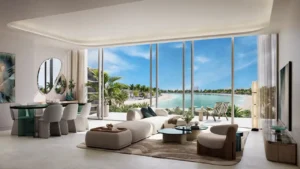 Palm Central Frond M Residences at Palm Jebel Ali luxury living room with panoramic waterfront view Dubai - Presented by Tohid Fetrat