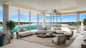 Palm Central Frond M Residences at Palm Jebel Ali luxury lounge with panoramic waterfront views Dubai - Presented by Tohid Fetrat