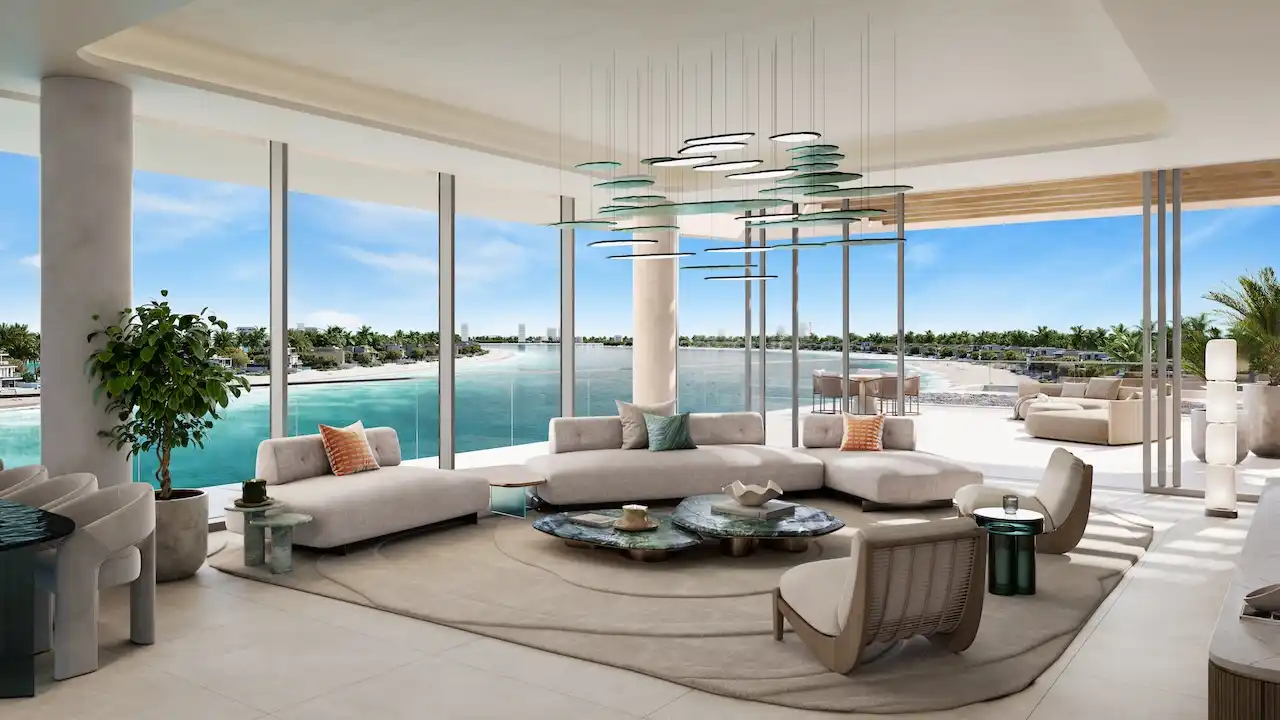 Palm Central Frond M Residences at Palm Jebel Ali luxury lounge with panoramic waterfront views Dubai - Presented by Tohid Fetrat