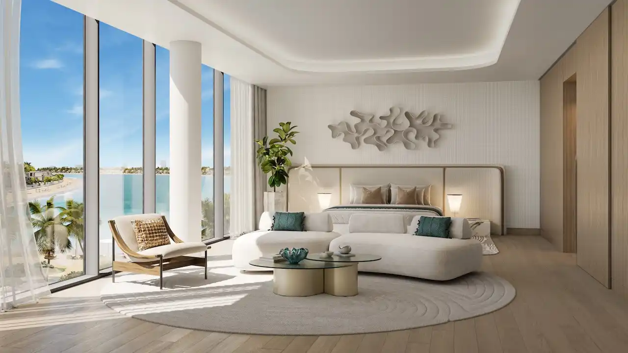 Palm Central Frond M Residences master bedroom with panoramic waterfront view at Palm Jebel Ali Dubai - Presented by Tohid Fetrat