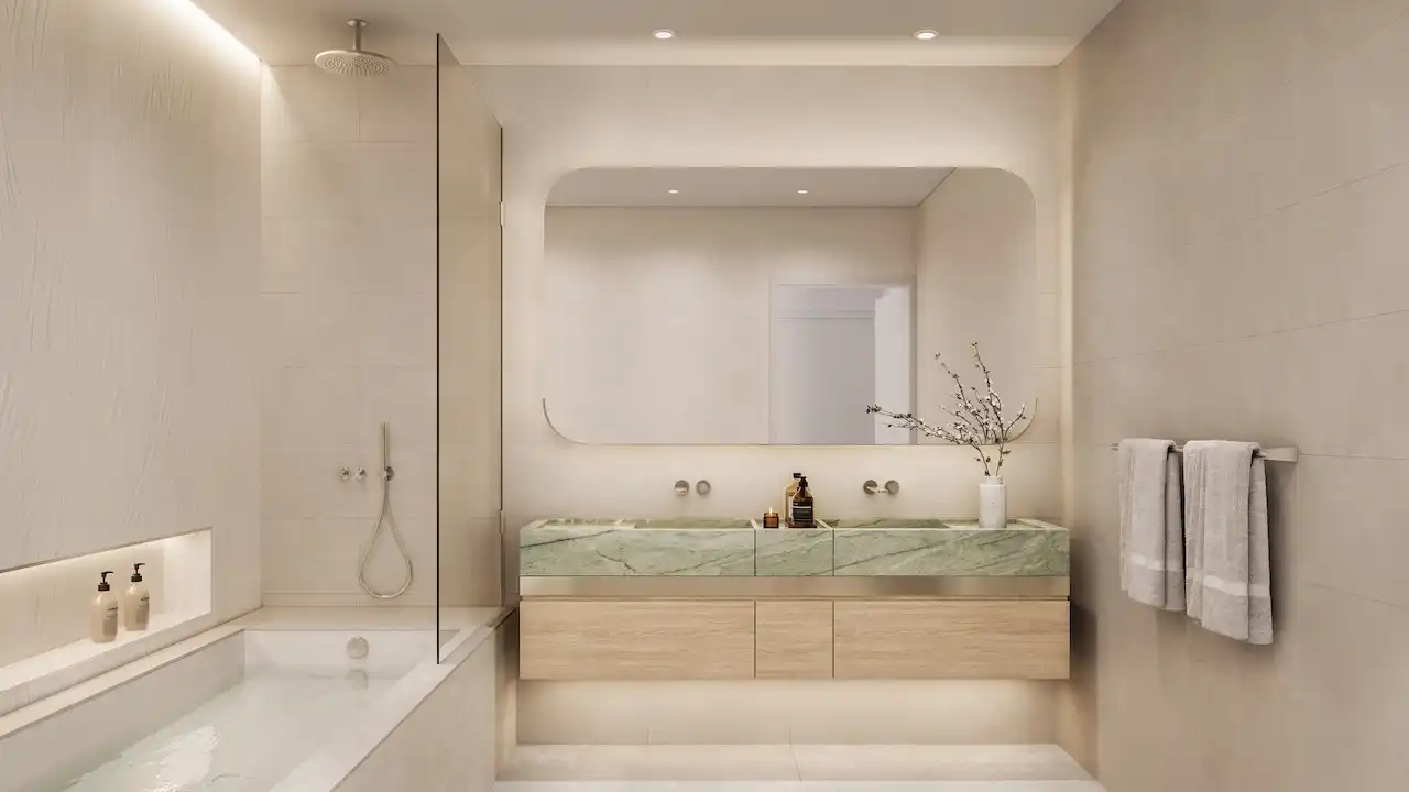Palm Central Frond M Residences at Palm Jebel Ali modern bathroom interior with marble vanity and bathtub Dubai - Presented by Tohid Fetrat
