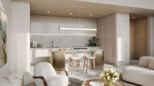 Palm Central Frond M Residences at Palm Jebel Ali modern kitchen interior with marble island and contemporary cabinetry Dubai - Presented by Tohid Fetrat
