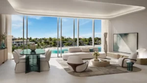 Palm Central Frond M Residences at Palm Jebel Ali open living and dining area with waterfront view Dubai - Presented by Tohid Fetrat