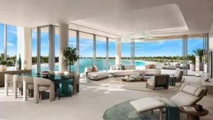 Palm Central Frond M Residences at Palm Jebel Ali open living lounge with panoramic waterfront view Dubai - Presented by Tohid Fetrat