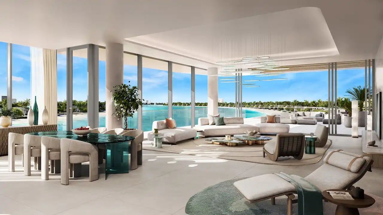 Palm Central Frond M Residences at Palm Jebel Ali open living lounge with panoramic waterfront view Dubai - Presented by Tohid Fetrat