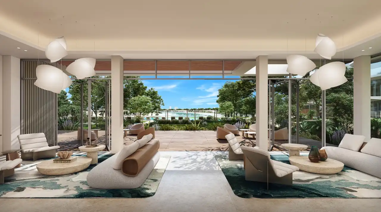 Palm Central Frond M Residences at Palm Jebel Ali residents lounge with garden and waterfront view Dubai - Presented by Tohid Fetrat