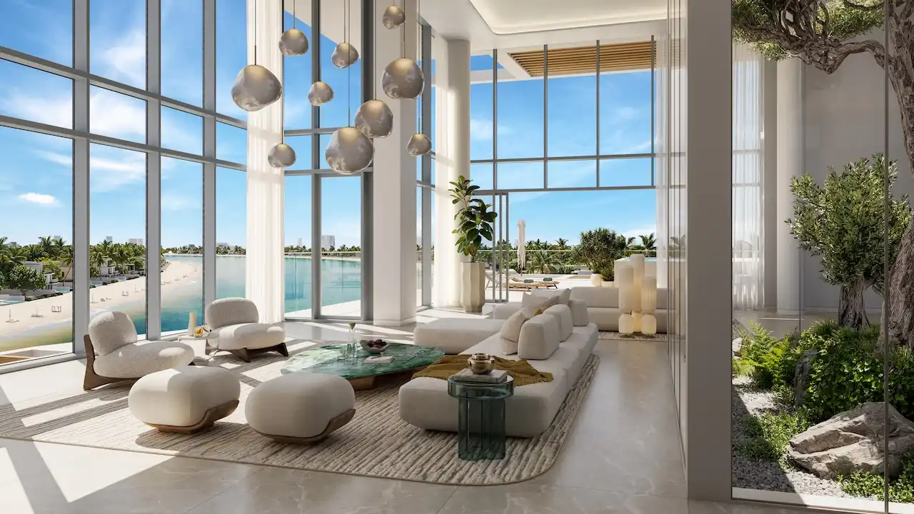 Palm Central Frond M Residences waterfront lobby lounge with panoramic sea views and double height glazing at Palm Jebel Ali Dubai - Presented by Tohid Fetrat