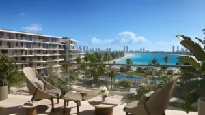 Palm Central Frond M Residences private balcony with lagoon and beachfront views at Palm Jebel Ali Dubai - Presented by Tohid Fetrat