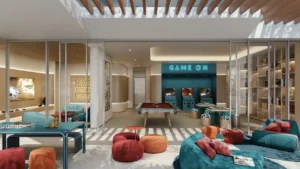 Indoor games lounge and entertainment area at Palm Central Frond M Residences with arcade and social spaces in Palm Jebel Ali Dubai - Presented by Tohid Fetrat