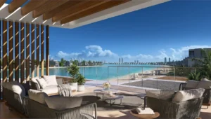 Lagoon view terrace at Palm Central Frond M Residences overlooking waterfront living in Palm Jebel Ali Dubai - Presented by Tohid Fetrat